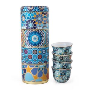 Tin Box With 4 Coffee Cups Porcelain Moucharabieh Blue