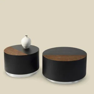 Set of 2 Round coffee tables with wood design