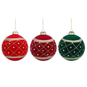 Ornament ball bordeaux green red 3 assorted 12pcs