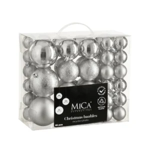 Bauble unbreakable silver 46pcs 4,6,8cm