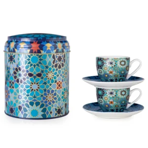 Tin Box with 2 Coffee Cups & Saucer Moucharabieh Blue