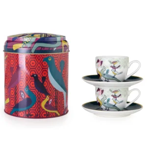 Tin Box with 2 Coffee Cups & Saucers Birds of Paradise