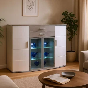 Bega Jam Highboard - Premium German High-Gloss White & Stone Grey Cabinet with LED Lighting