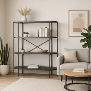 By-Boo Burly Metal Bookcase Modern 4-Shelf Iron Display Cabinet in Cool Grey