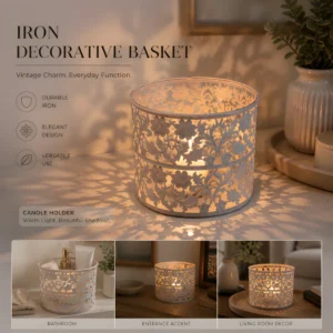 Elegant Iron Decorative Basket & Candle Holder ? Multi-Purpose Organizer Description