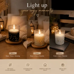 Glitter Star Candle Collection in Black, Gold or Silver