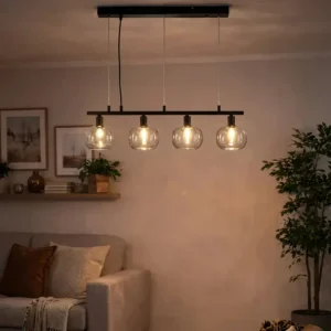 Nino Germany Ella 4-Light Pendant Lamp ? Black Metal Hanging Light with Globe Glass Shades