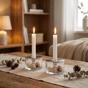 QDO Scandinavian Candlestick Set of 2 ? Stainless Steel & Glass Candle Holders