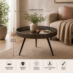 Round Bronze Metal Coffee Table - Matte Finish | Multi-Purpose Coffee Table, Side Table & Decorative Display Stand