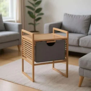 Wenko Bahari Bamboo Side Table - Modern End Table with Removable Grey Fabric Drawer