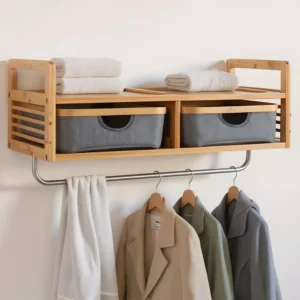 Wenko Bahari Bamboo Wall Coat Rack ? Entryway Organizer with 2 Drawers & Stainless Steel Rail