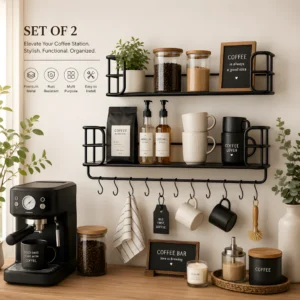 Wenko Industrial Wall Shelf Set ? 2-Piece Black Metal & MDF Floating Shelves with 10 S-Hooks
