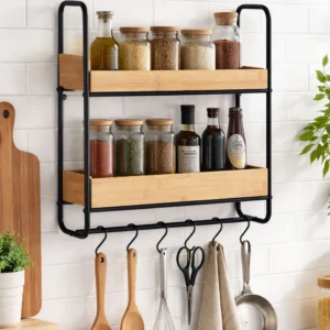 Wenko Loft 2-Tier Wall Shelf ? Industrial Bamboo & Black Steel Organizer with 6 S-Hooks