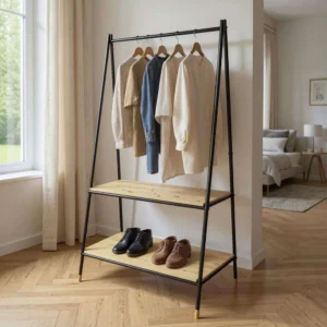 Wenko Loft Freestanding Coat Stand ? Industrial Bamboo & Steel Wardrobe with 2 Shelves