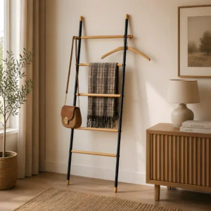 Wenko Loft Towel Ladder ? Industrial Black Steel & Bamboo Rack with Hooks