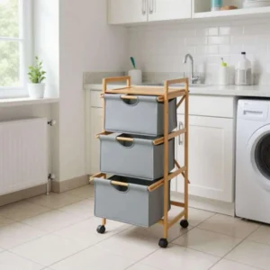 Wenko Nori Bamboo Rolling Trolley ? 3-Tier Laundry & Storage Cart with Removable Baskets