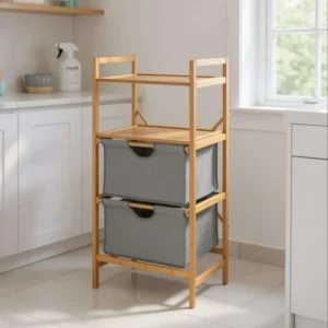 Wenko Nori Bamboo Storage Shelf ? 2-Basket Laundry Rack with Dual Shelves