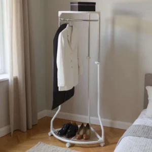 Wenko Pointy Corner Clothes Rack ? Height-Adjustable Chrome Coat Stand with 2 Storage Shelves