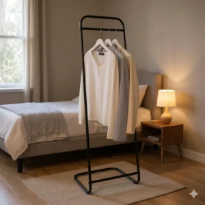 Wenko Surya Clothes Rack - Minimalist Black Metal Valet Stand with Interchangeable Bamboo Rail